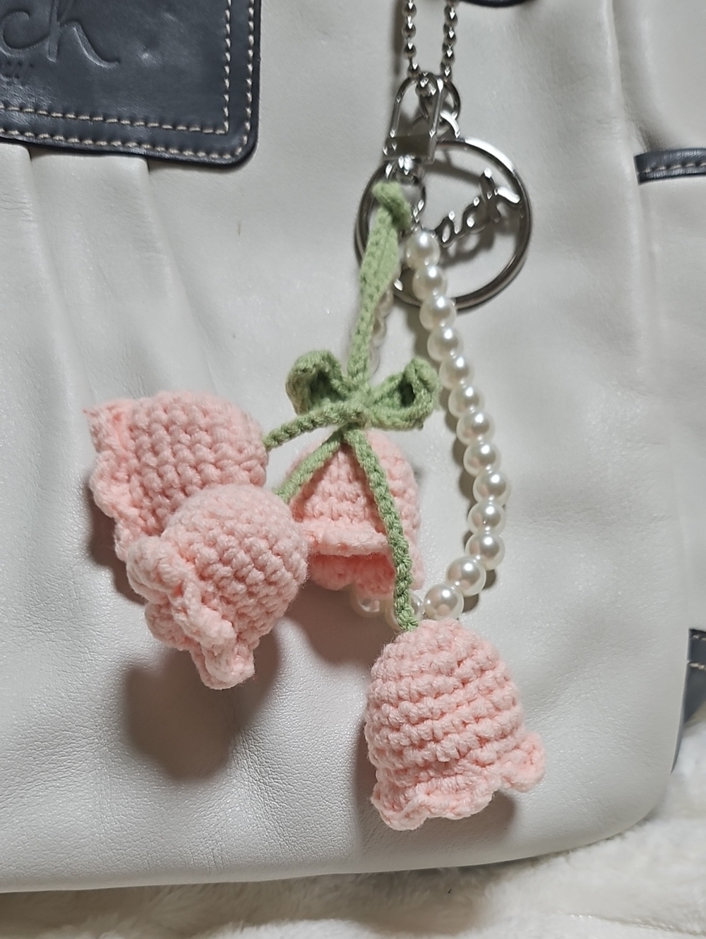 Source Unknown Pink Crochet Bell Flower Keychain with Green Stem and Pearl Beads